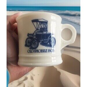 Vtg Surrey Blue Oldsmobile 1903 Shaving Mug White Milk Glass USA Ring Handle